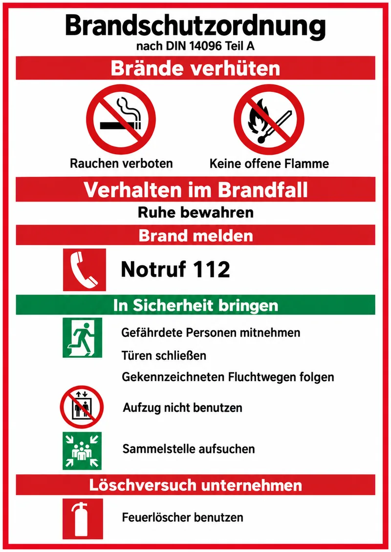 Aushang Brandschutzordnung Teil A nach DIN 14096 mit Brände verhüten, Brand melden, In Sicherheit bringen und Löschversuch