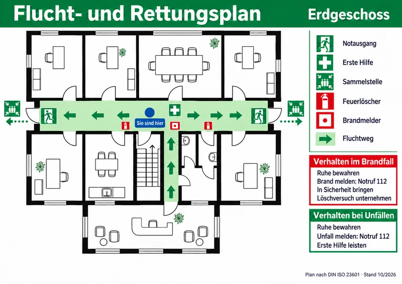 Flucht- und Rettungsplan Erdgeschoss mit grünen Fluchtwegen, Standort „Sie sind hier“, Legende und Verhaltensregeln