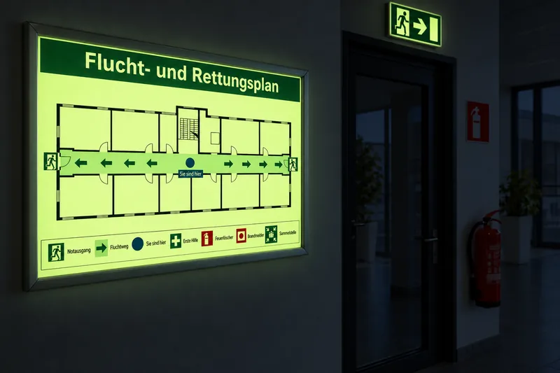 Derselbe Flucht- und Rettungsplan leuchtet bei Stromausfall im dunklen Flur gelblich-grün nach